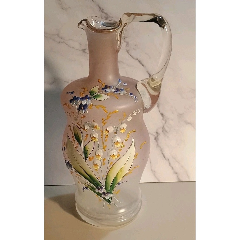 Vintage Glass Floral Decanter Pitcher Hand Painted Soft Pink Cottagecore